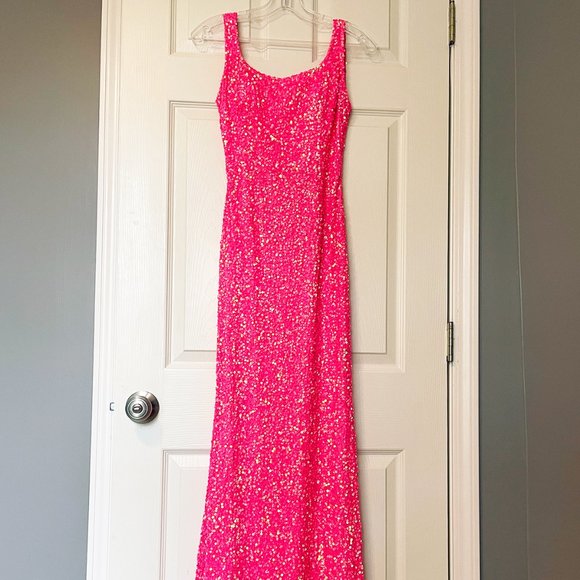 STUNNING PROM HOMECOMING DRESS, Aleta Long Open Back HOT PINK Sequined Lined, 00 - Picture 7 of 12
